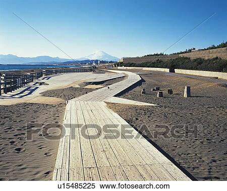 Stock Photography - Tsujido Beach and Mt. Fuji, Shonan, Kanagawa Prefecture, Japan, Front View, Pan Focus. Fotosearch