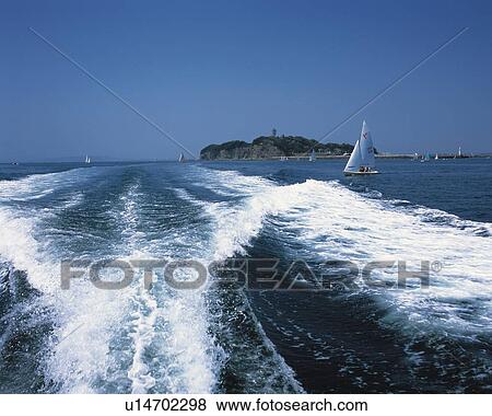 Stock Photo - Water Trail of Cruise Ship, Shonan, Kanagawa Prefecture, Japan, High Angle View, Pan Focus. Fotosearch