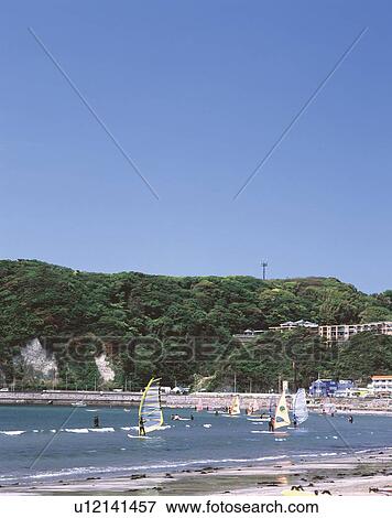 Zushi Beach, Shonan, Kanagawa Prefecture, Japan, High Angle View, Pan Focus View Large Photo Image Stock Photo - Zushi Beach, Shonan, Kanagawa Prefecture, Japan, High Angle View, Pan Focus. Fotosearch