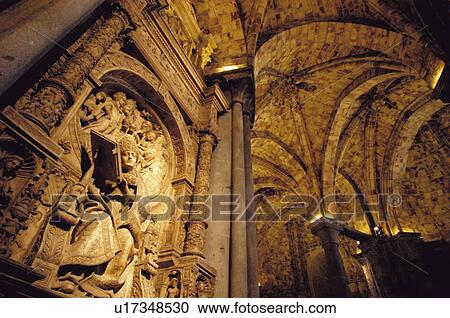 Spain Castilla Leon Avila Stone Cathedral Gothic Gate Stock Image