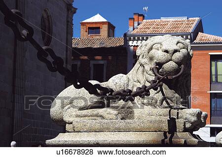 Stock Photo - Spain, Castilla Leon, Avila, Stone, Sculpture, Lion, Cathedral. Fotosearch