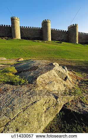 Spain, Castilla Leon, Avila, Wall, City wall, Stone, Grass View Large Photo Image Stock Photo - Spain, Castilla Leon, Avila, Wall, City wall, Stone, Grass. Fotosearch