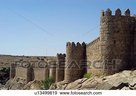 Stock Photo - Spain, Castilla Leon, Avila, Wall, City wall, Stone, Tower. Fotosearch