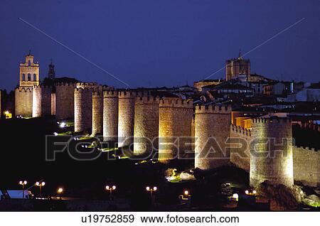 Spain, Castilla Leon, Avila, Wall, City wall, Stone, Night View Large Photo Image Stock Photo - Spain, Castilla Leon, Avila, Wall, City wall, Stone, Night. Fotosearch