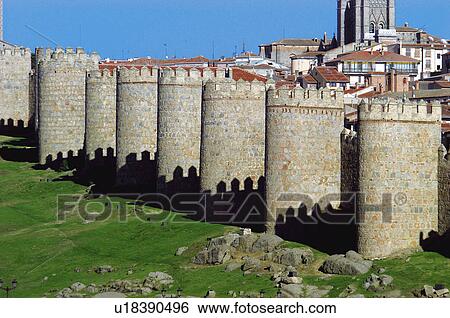 Spain, Castilla Leon, Avila, Wall, City wall, Stone, Grass View Large Photo Image Stock Photograph - Spain, Castilla Leon, Avila, Wall, City wall, Stone, Grass. Fotosearch