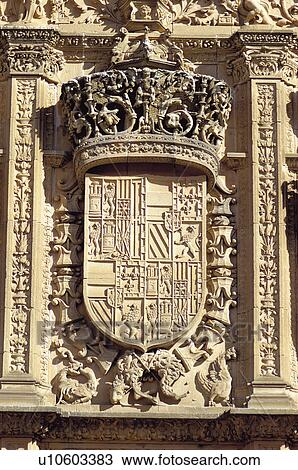 Stock Image - Spain, Castilla Leon, Salamanca, Sculpt, Sculpted, Coat of arms, Heraldry. Fotosearch