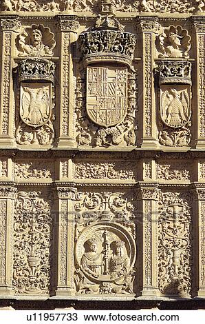 Stock Image - Spain, Castilla Leon, Salamanca, Sculpt, Sculpted, Coat of arms, Heraldry. Fotosearch