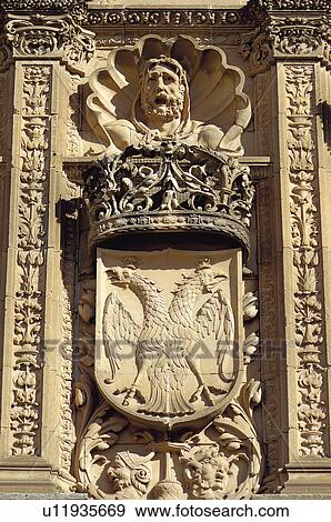 Stock Photo - Spain, Castilla Leon, Salamanca, Sculpt, Sculpted, Coat of arms, Heraldry. Fotosearch