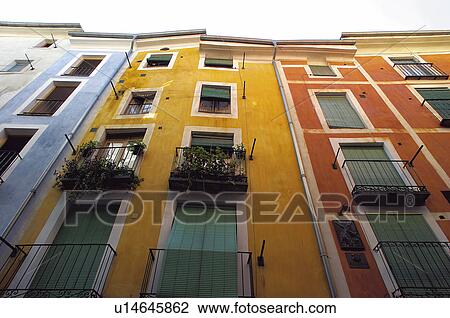 Stock Image - Spain, Castilla la mancha, Cuenca, Balcony, Balconies, Window, Windows. Fotosearch