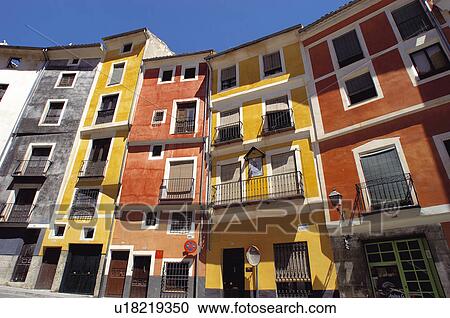 Stock Image - Spain, Castilla la mancha, Cuenca, Balcony, Balconies, Window, Windows. Fotosearch