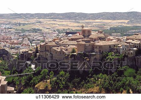 Stock Photo - Spain, Castilla la mancha, Cuenca, House, Houses, Tree, Trees. Fotosearch