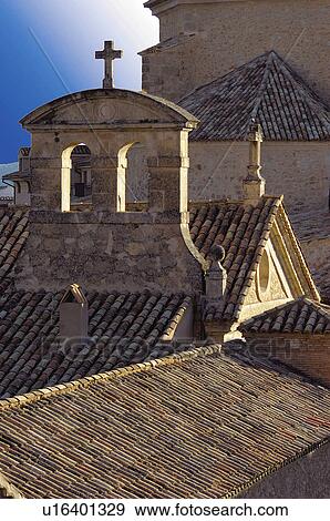 Stock Photo - Spain, Castilla la mancha, Cuenca, Architecture, Roof, Roofs, Bell tower. Fotosearch