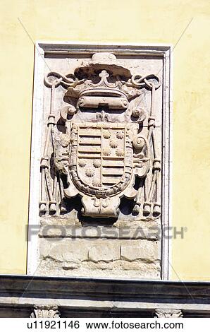 Stock Photograph - Spain, Castilla la mancha, Cuenca, Sculpt, Sculpted, Coat of arms, Heraldry. Fotosearch