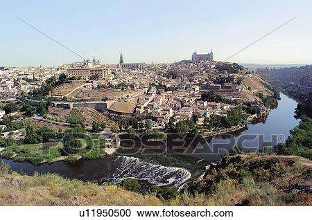 Stock Image - Spain, Castilla la mancha, Toledo, City, Building, Buildings, River. Fotosearch