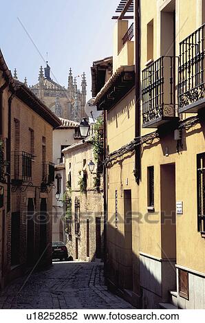 Spain, Castilla la mancha, Toledo, City, Small street, Alley, Street View Large Photo Image Stock Image - Spain, Castilla la mancha, Toledo, City, Small street, Alley, Street. Fotosearch
