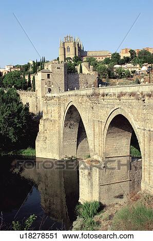 Stock Image - Spain, Castilla la mancha, Toledo, City, Arch, Arches, River. Fotosearch