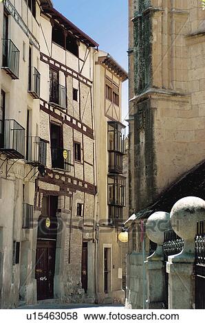 Stock Photo - Spain, Castilla leon, Segovia, City, Street, San frutos street, Calle san frutos. Fotosearch