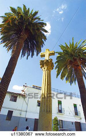 Stock Photo - Caceres, Extremadura, Spain, City, Town, Column, Cross. Fotosearch