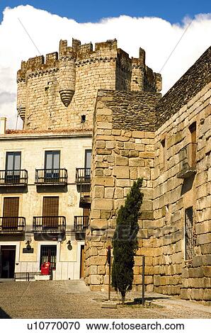 Stock Image - Spain, Extremadura, Caceres, Coria, Architecture, Balcony, Balconies. Fotosearch