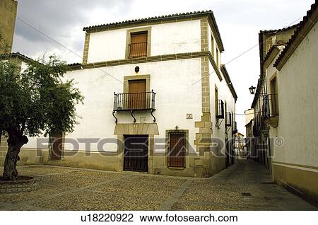 Stock Image - Spain, Extremadura, Caceres, Coria, Architecture, Balcony, Balconies. Fotosearch