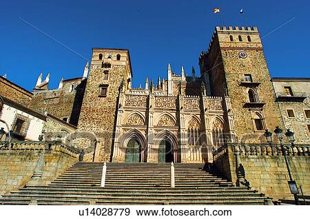 Stock Photo - Spain, Extremadura, Caceres, Guadalupe, Building, Cathedral, Architecture. Fotosearch