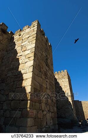 Stock Image - Spain, Extremadura, Caceres, Trujillo, Architecture, Castle, Tower. Fotosearch
