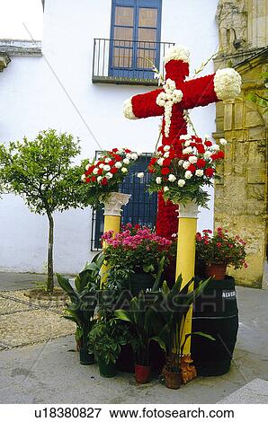 Stock Photo - Spain, Andalucia, Andalusia, Cordoba, Outside, Cross, Floral. Fotosearch