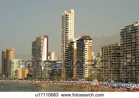 Stock Image - Spain, Alicante, Benidorm, Building, Buildings, High, Hotel. Fotosearch