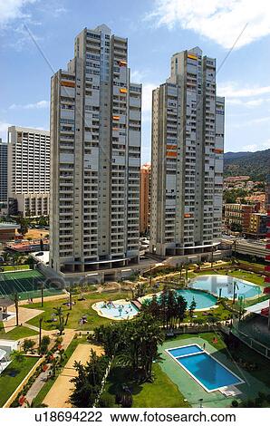 Stock Image - Spain, Alicante, Benidorm, Building, Buildings, High, Hotel. Fotosearch