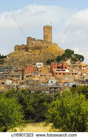 Stock Image - Spain, Alicante, Biar, Village, House, Houses, Castle. Fotosearch