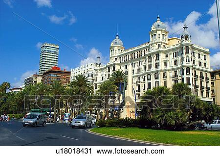 Stock Image - Spain, Alicante, Building, Buildings, Architecture, Square, Streetlight. Fotosearch