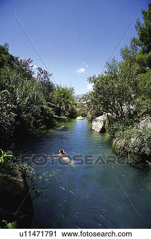 Stock Image - Spain, Alicante, Fuentes de algar, Nature, Landscape, Water, Tree. Fotosearch