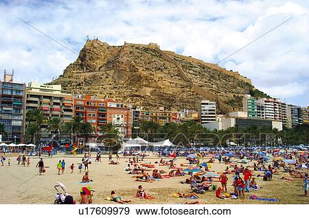 Spain, Alicante, Summer, Beach, Sand, Shore, People View Large Photo Image Stock Photo - Spain, Alicante, Summer, Beach, Sand, Shore, People. Fotosearch