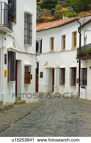 Stock Image - Spain, Andalucia, Andalusia, Cadiz, Grazalema, Street, House. Fotosearch