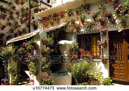 Stock Image - Spain, Andalucia, Andalusia, Cordoba, Yard, Patio, Balcony. Fotosearch