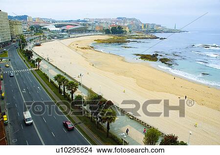 Spain, Galicia, Coruña, A coruña, Beach, Sand, Seashore View Large Photo Image Picture - Spain, Galicia, Coruña, A coruña, Beach, Sand, Seashore. Fotosearch