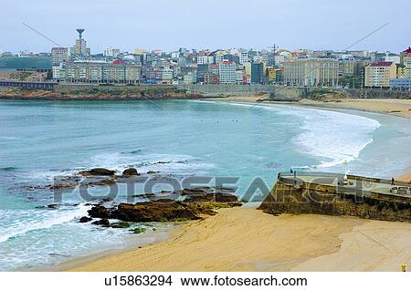 Picture - Spain, Galicia, Coruña, A coruña, Beach, Sand, Seashore. Fotosearch