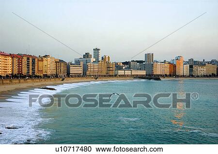 Stock Image - Spain, Galicia, Coruña, A coruña, Sea, Beach, Orzan. Fotosearch