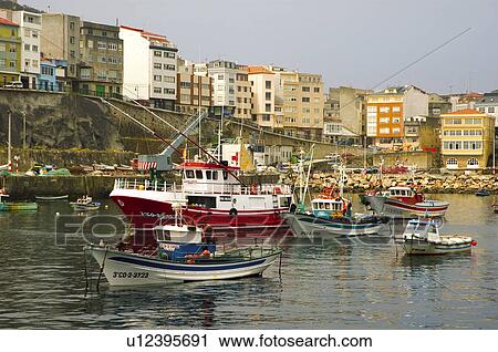 Stock Image - Spain, Galicia, Malpica, Harbor, Harbour, Sea, Ship. Fotosearch