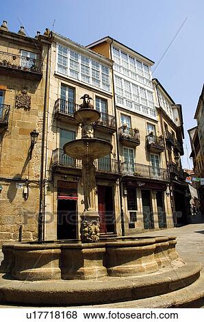 Stock Photo - Spain, Galicia, Orense, Architecture, Building, Buildings, Fountain. Fotosearch