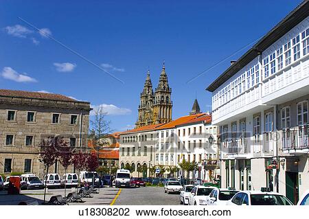Stock Image - Spain, Galicia, Santiago, Compostela, Santiago compostela, Street, Building. Fotosearch