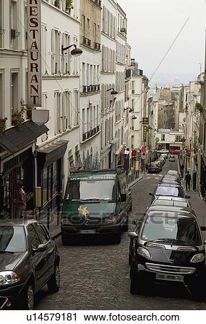 Stock Image - Europe, France, Paris, European city, City, Town, Sidewalk. Fotosearch