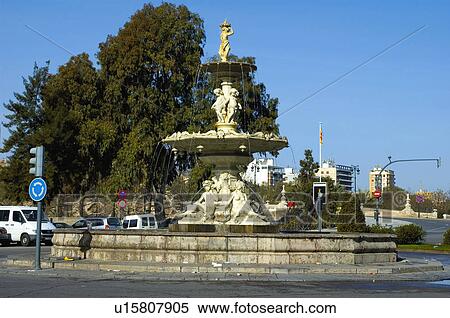 Stock Photography - Spain, Comunidad valenciana, Valencia, City, Town, Fountain, Road. Fotosearch