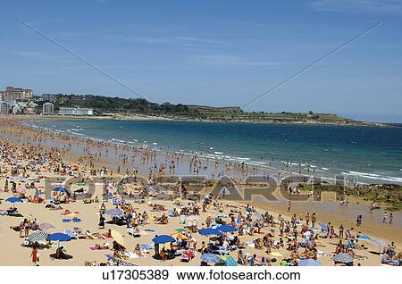 Stock Photo - Spain, Cantabria, Santander, City, Town, Beach, Sand. Fotosearch