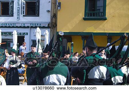 Stock Image - Spain, Asturias, Cudillero, City, Town, Typical, Misician. Fotosearch
