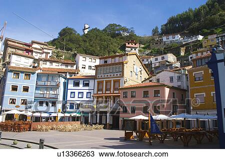 Stock Image - Spain, Asturias, Cudillero, City, Town, House, Houses. Fotosearch