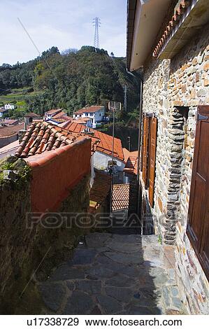 Stock Photo - Spain, Asturias, Cudillero, City, Town, House, Street. Fotosearch