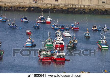 Stock Image - Spain, Asturias, Cudillero, Sea, Port, Harbour, Boat. Fotosearch