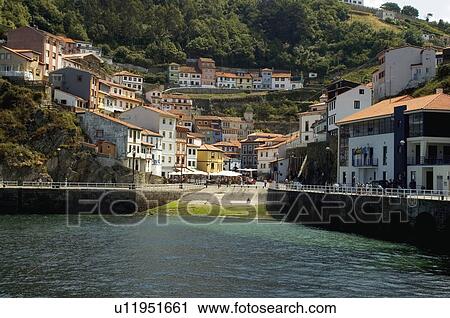 Stock Image - Spain, Asturias, Cudillero, Sea, Port, Harbour, House. Fotosearch
