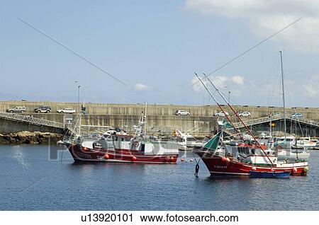 Stock Image - Spain, Asturias, Cudillero, Sea, Port, Harbour, Boat. Fotosearch